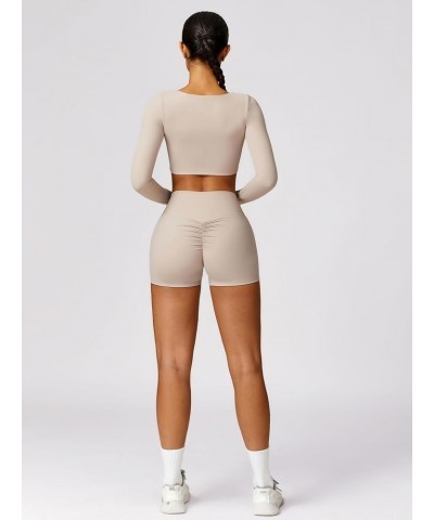 Workout Sets for Women 2 Piece Square Neck Long Sleeve Crop Tops High Waist Biker Shorts Gym Sets Twist Front Khaki $12.60 Ac...