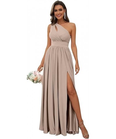 One Shoulder Bridesmaid Dresses with Slit Long A-line Pleated Chiffon Formal Party Dresses YO037 Taupe $23.10 Dresses