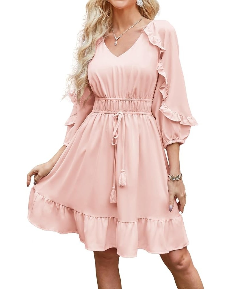 Womens Ruffle Flowy Swing Short Dress V Neck Long Sleeve Tie Waist Dresses Light Pink $28.79 Dresses