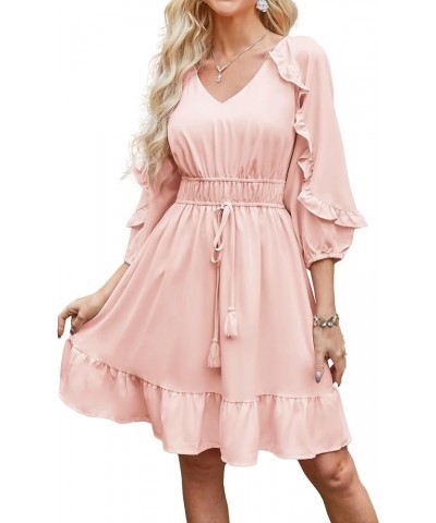 Womens Ruffle Flowy Swing Short Dress V Neck Long Sleeve Tie Waist Dresses Light Pink $28.79 Dresses