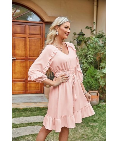 Womens Ruffle Flowy Swing Short Dress V Neck Long Sleeve Tie Waist Dresses Light Pink $28.79 Dresses