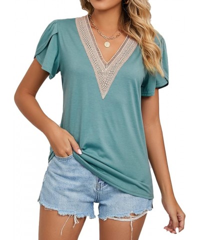 Women's Classics top T-Shirt Summer V-Neck Short Sleeve Casual Solid Top Pea Green $12.25 T-Shirts