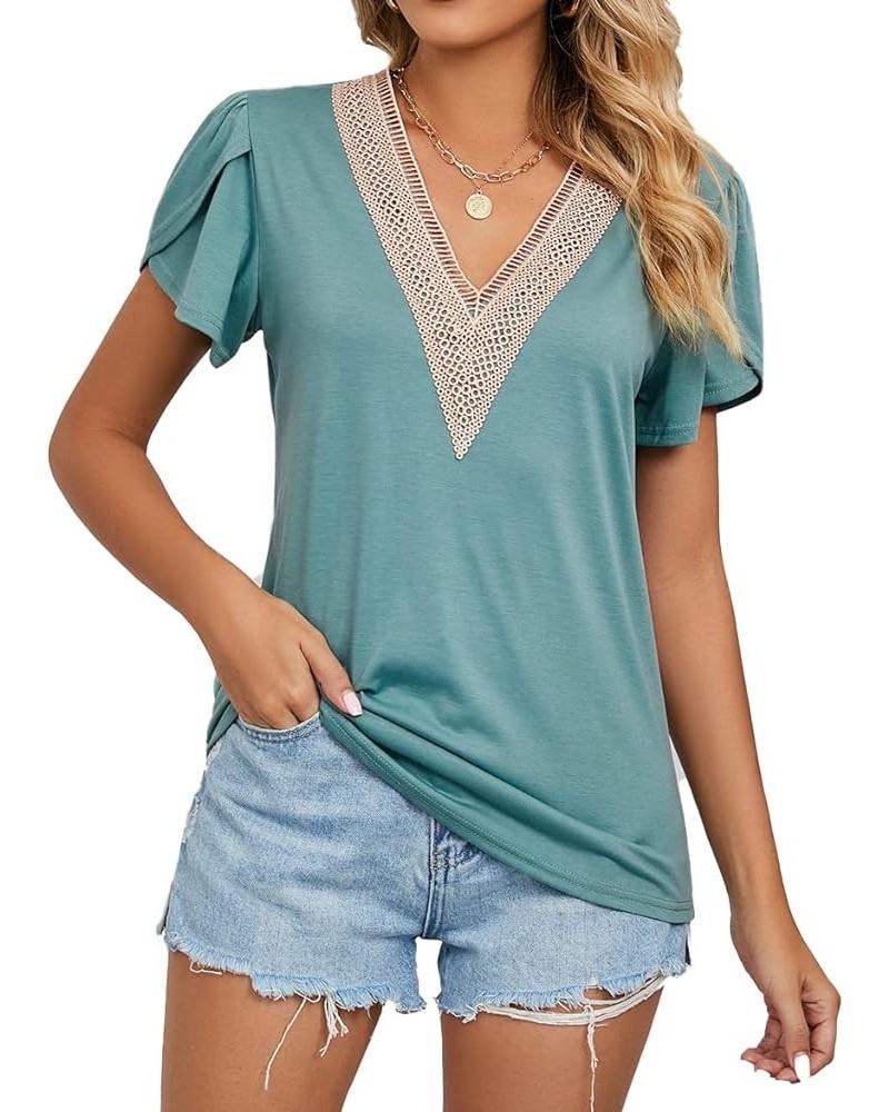 Women's Classics top T-Shirt Summer V-Neck Short Sleeve Casual Solid Top Pea Green $12.25 T-Shirts