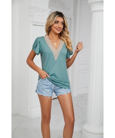 Women's Classics top T-Shirt Summer V-Neck Short Sleeve Casual Solid Top Pea Green $12.25 T-Shirts