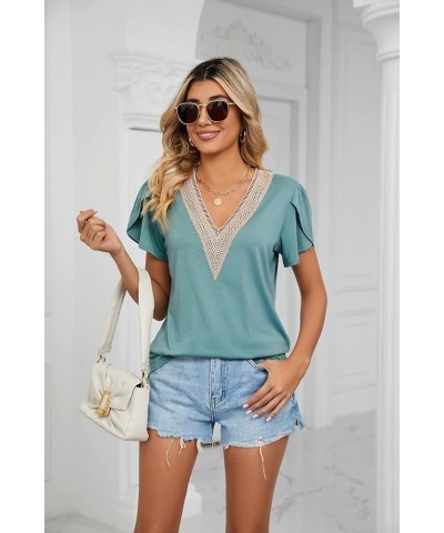 Women's Classics top T-Shirt Summer V-Neck Short Sleeve Casual Solid Top Pea Green $12.25 T-Shirts