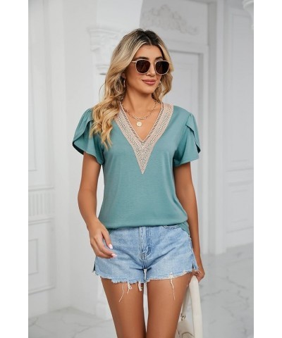 Women's Classics top T-Shirt Summer V-Neck Short Sleeve Casual Solid Top Pea Green $12.25 T-Shirts