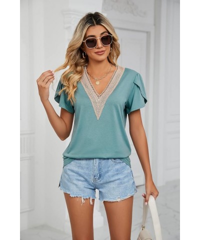 Women's Classics top T-Shirt Summer V-Neck Short Sleeve Casual Solid Top Pea Green $12.25 T-Shirts