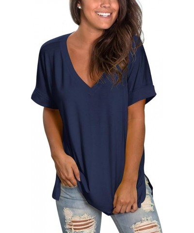 Women's V Neck T Shirts Casual Rolled Short Sleeve Side Split Summer Tops Loose Fit 04-navy Blue $17.99 T-Shirts