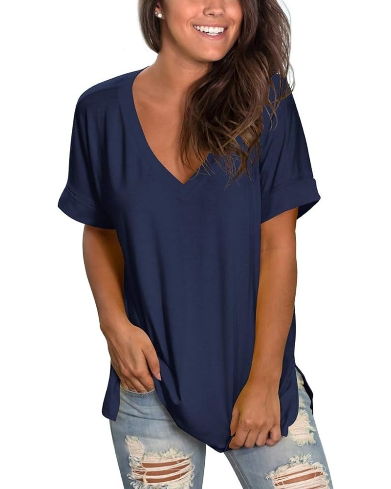 Women's V Neck T Shirts Casual Rolled Short Sleeve Side Split Summer Tops Loose Fit 04-navy Blue $17.99 T-Shirts