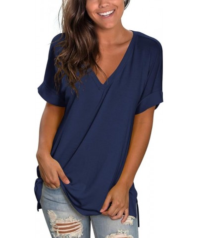 Women's V Neck T Shirts Casual Rolled Short Sleeve Side Split Summer Tops Loose Fit 04-navy Blue $17.99 T-Shirts