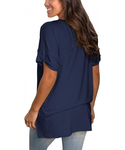 Women's V Neck T Shirts Casual Rolled Short Sleeve Side Split Summer Tops Loose Fit 04-navy Blue $17.99 T-Shirts