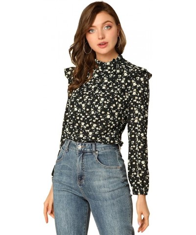 Women's Bow Tie Neck Long Sleeve Floral Ruffled Blouse Black $16.49 Blouses