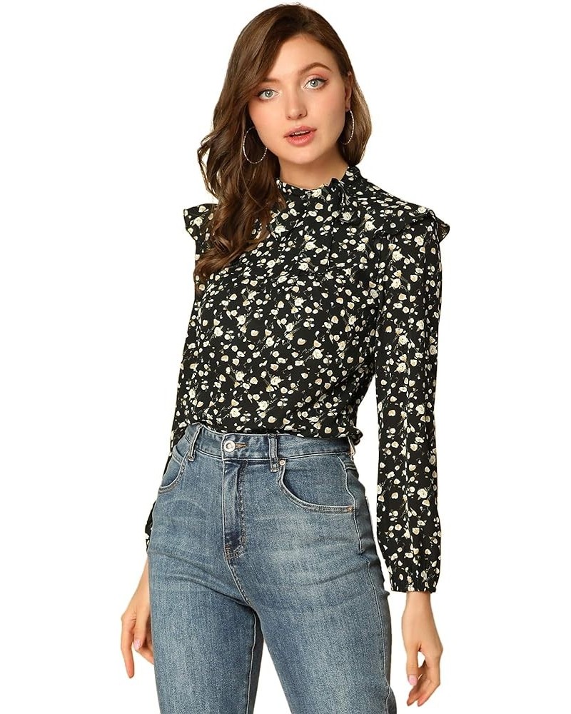 Women's Bow Tie Neck Long Sleeve Floral Ruffled Blouse Black $16.49 Blouses