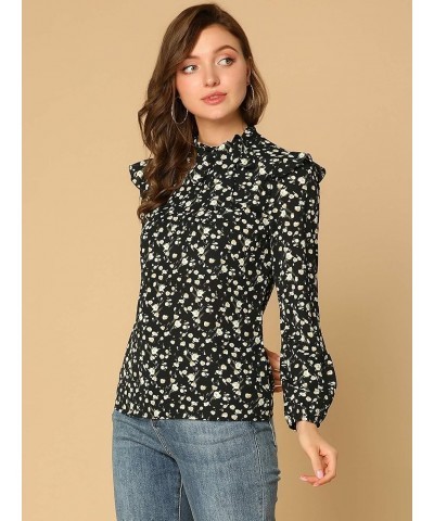 Women's Bow Tie Neck Long Sleeve Floral Ruffled Blouse Black $16.49 Blouses