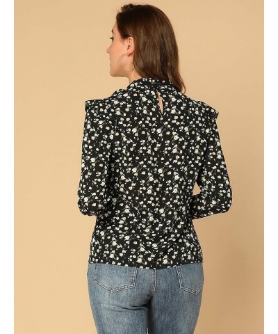 Women's Bow Tie Neck Long Sleeve Floral Ruffled Blouse Black $16.49 Blouses