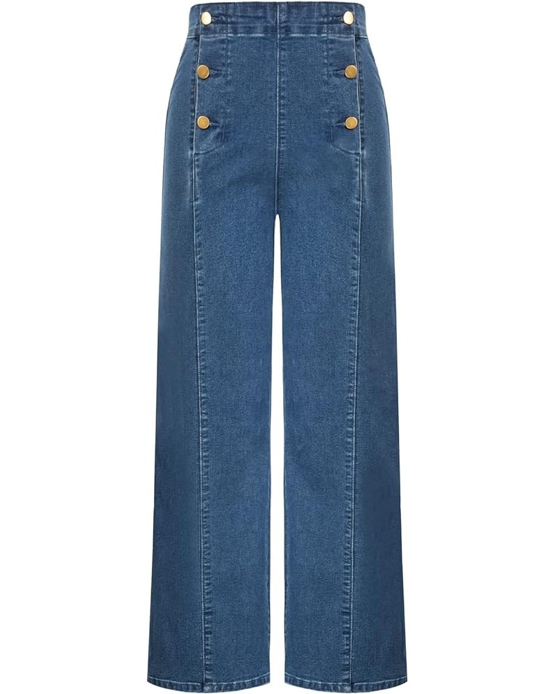 Women's High Waisted Wide Leg Pants Button Decorated Casual Stretchy Trousers with Pockets Light Blue Jean 0699 $21.16 Others