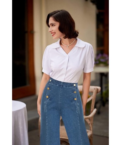 Women's High Waisted Wide Leg Pants Button Decorated Casual Stretchy Trousers with Pockets Light Blue Jean 0699 $21.16 Others