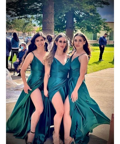 Women's Spaghetti Straps Slit Satin Prom Dresses Long V Neck A-Line Evening Formal Gowns Sky Blue $32.44 Dresses