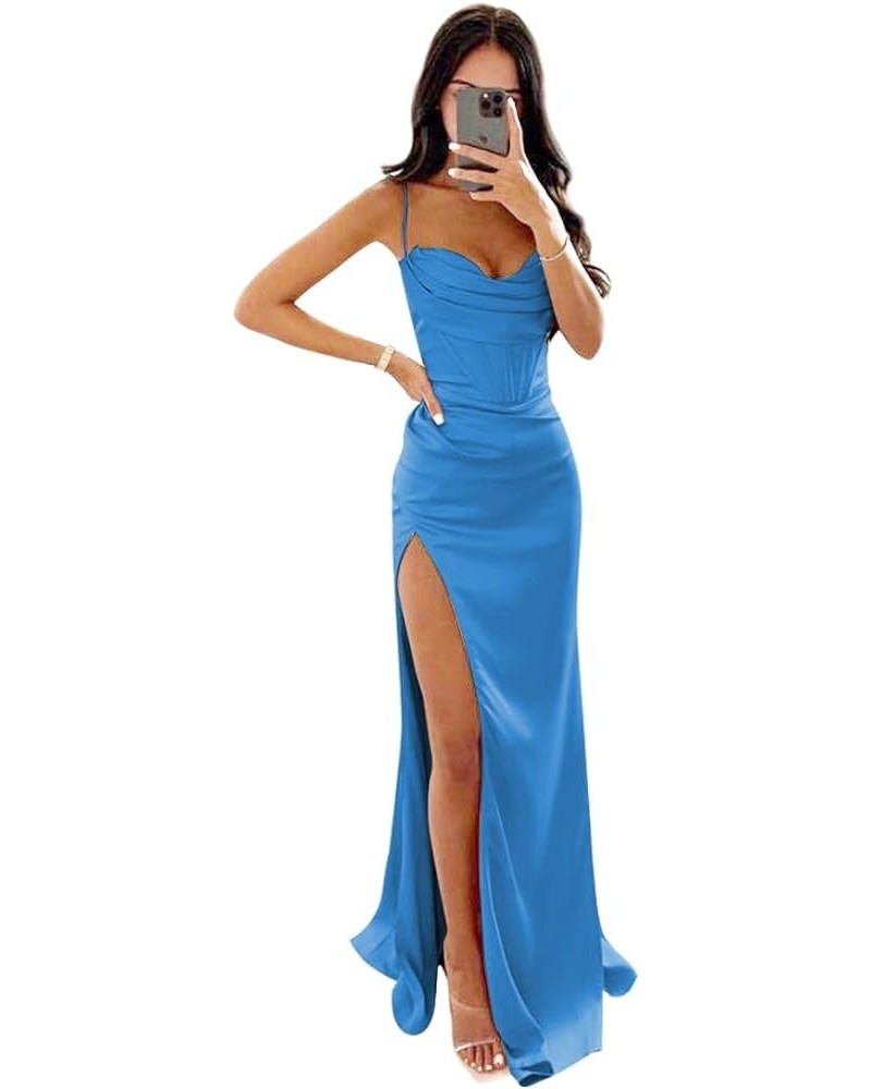 Women's Mermaid Prom Dress with Slit Satin Bridesmaid Dresses Long Corset Evening Formal Party Gown Blue $29.06 Dresses