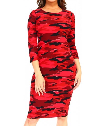 Women's 3/4 Sleeves Midi Bodycon Dress Crew Neck Fitted Dresses with Plus Size Options Camo Red $12.00 Dresses