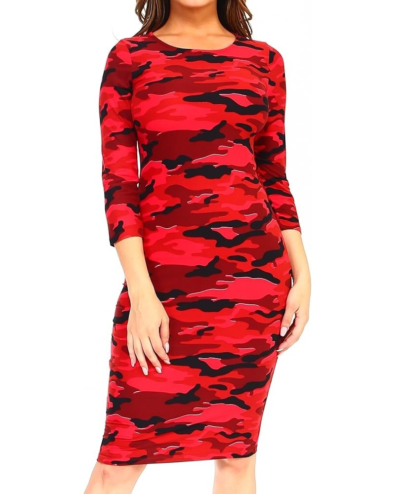 Women's 3/4 Sleeves Midi Bodycon Dress Crew Neck Fitted Dresses with Plus Size Options Camo Red $12.00 Dresses