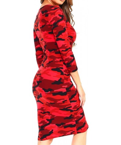 Women's 3/4 Sleeves Midi Bodycon Dress Crew Neck Fitted Dresses with Plus Size Options Camo Red $12.00 Dresses