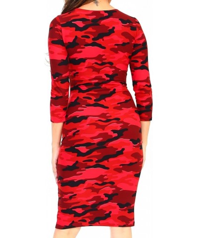 Women's 3/4 Sleeves Midi Bodycon Dress Crew Neck Fitted Dresses with Plus Size Options Camo Red $12.00 Dresses