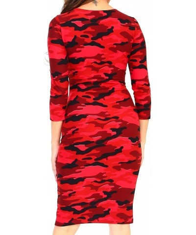 Women's 3/4 Sleeves Midi Bodycon Dress Crew Neck Fitted Dresses with Plus Size Options Camo Red $12.00 Dresses