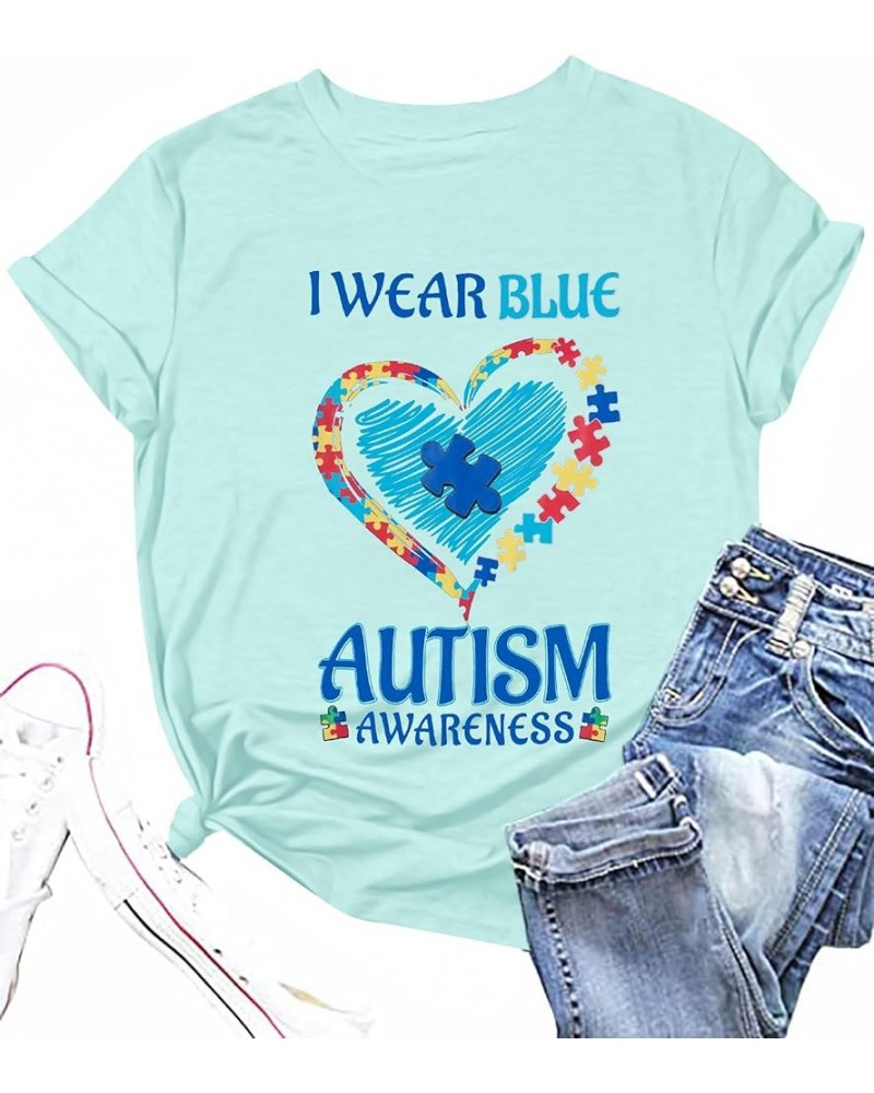 Autism Awareness Shirt Women Blue Ribbon T-Shirt I Wear Blue Tshirt Autism Support Tee Causal Short Sleeve Tee Tops Light Blu...