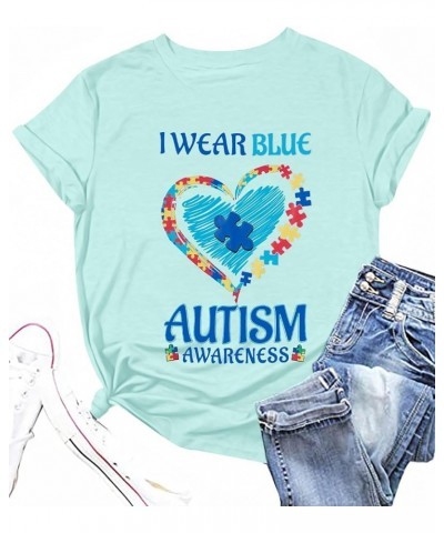 Autism Awareness Shirt Women Blue Ribbon T-Shirt I Wear Blue Tshirt Autism Support Tee Causal Short Sleeve Tee Tops Light Blu...