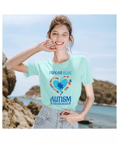 Autism Awareness Shirt Women Blue Ribbon T-Shirt I Wear Blue Tshirt Autism Support Tee Causal Short Sleeve Tee Tops Light Blu...