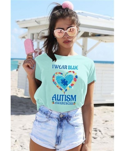 Autism Awareness Shirt Women Blue Ribbon T-Shirt I Wear Blue Tshirt Autism Support Tee Causal Short Sleeve Tee Tops Light Blu...