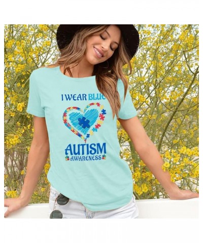 Autism Awareness Shirt Women Blue Ribbon T-Shirt I Wear Blue Tshirt Autism Support Tee Causal Short Sleeve Tee Tops Light Blu...