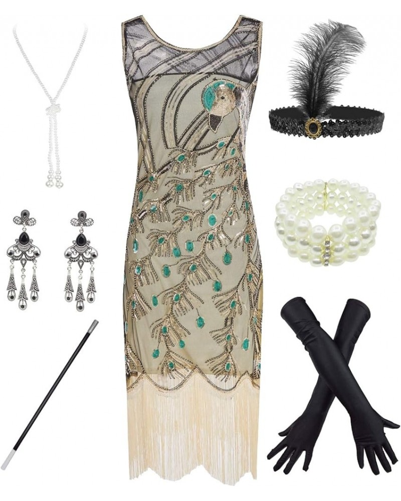 Women 1920S V Neck Sequined Beaded Gatsby Flapper Dress with 20s Accessories Set Style 2 Gold $20.35 Sets