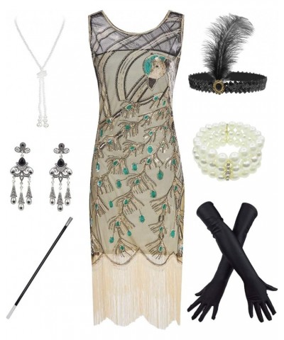 Women 1920S V Neck Sequined Beaded Gatsby Flapper Dress with 20s Accessories Set Style 2 Gold $20.35 Sets