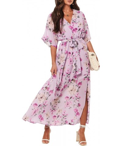 Women’s Summer Loose Kimono Maxi Dress Wrap V Neck 3/4 Sleeve Floral Print Slit Long Dresses Floral Purple $19.00 Dresses