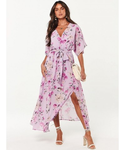 Women’s Summer Loose Kimono Maxi Dress Wrap V Neck 3/4 Sleeve Floral Print Slit Long Dresses Floral Purple $19.00 Dresses