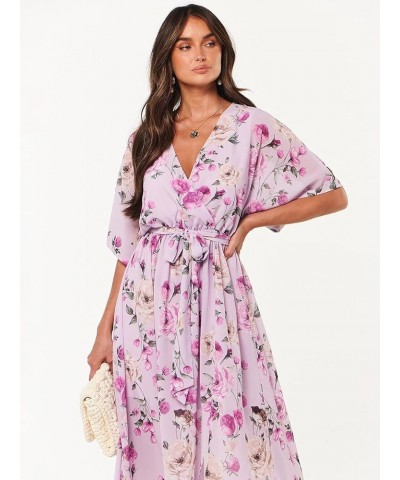 Women’s Summer Loose Kimono Maxi Dress Wrap V Neck 3/4 Sleeve Floral Print Slit Long Dresses Floral Purple $19.00 Dresses