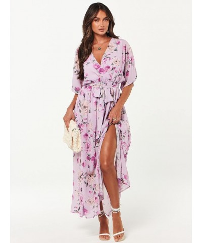 Women’s Summer Loose Kimono Maxi Dress Wrap V Neck 3/4 Sleeve Floral Print Slit Long Dresses Floral Purple $19.00 Dresses