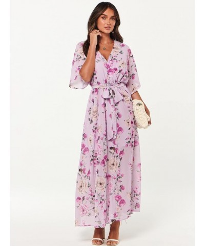 Women’s Summer Loose Kimono Maxi Dress Wrap V Neck 3/4 Sleeve Floral Print Slit Long Dresses Floral Purple $19.00 Dresses