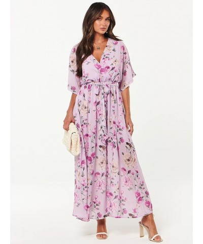 Women’s Summer Loose Kimono Maxi Dress Wrap V Neck 3/4 Sleeve Floral Print Slit Long Dresses Floral Purple $19.00 Dresses