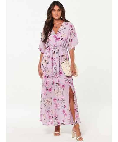 Women’s Summer Loose Kimono Maxi Dress Wrap V Neck 3/4 Sleeve Floral Print Slit Long Dresses Floral Purple $19.00 Dresses