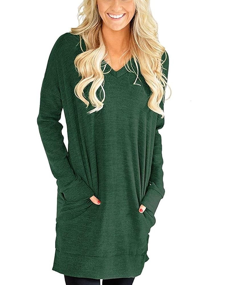 Womens Casual Long Sleeves Solid V-Neck Tunics Shirt Tops with Pockets A2-green $13.74 Tops