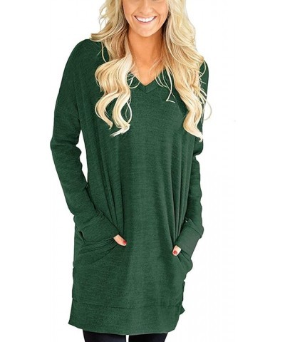 Womens Casual Long Sleeves Solid V-Neck Tunics Shirt Tops with Pockets A2-green $13.74 Tops