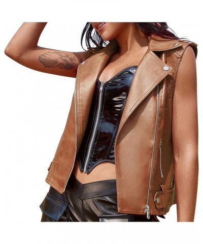 Faux Leather Jacket Sleeveless for Women Motorcycle Jacket Zipper Front Moto Biker Waistcoat Vest Cool Outerwear Yellow $15.5...