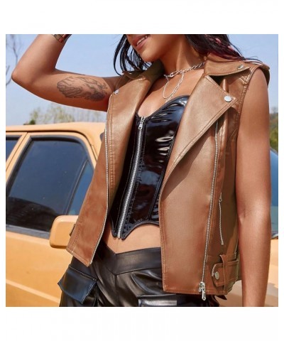 Faux Leather Jacket Sleeveless for Women Motorcycle Jacket Zipper Front Moto Biker Waistcoat Vest Cool Outerwear Yellow $15.5...