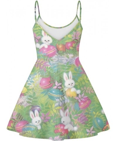 Adjustable Strap Dress for Women Sleeveless Summer Sundresss for Casual Beach Easter Rabbit Meadow $12.74 Swimsuits