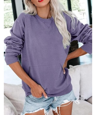 Womens Long Sleeve Sweatshirt Casual Crewneck Cute Pullover Tops Lightweight Sweatshirt with Pocket Purple $16.42 Activewear