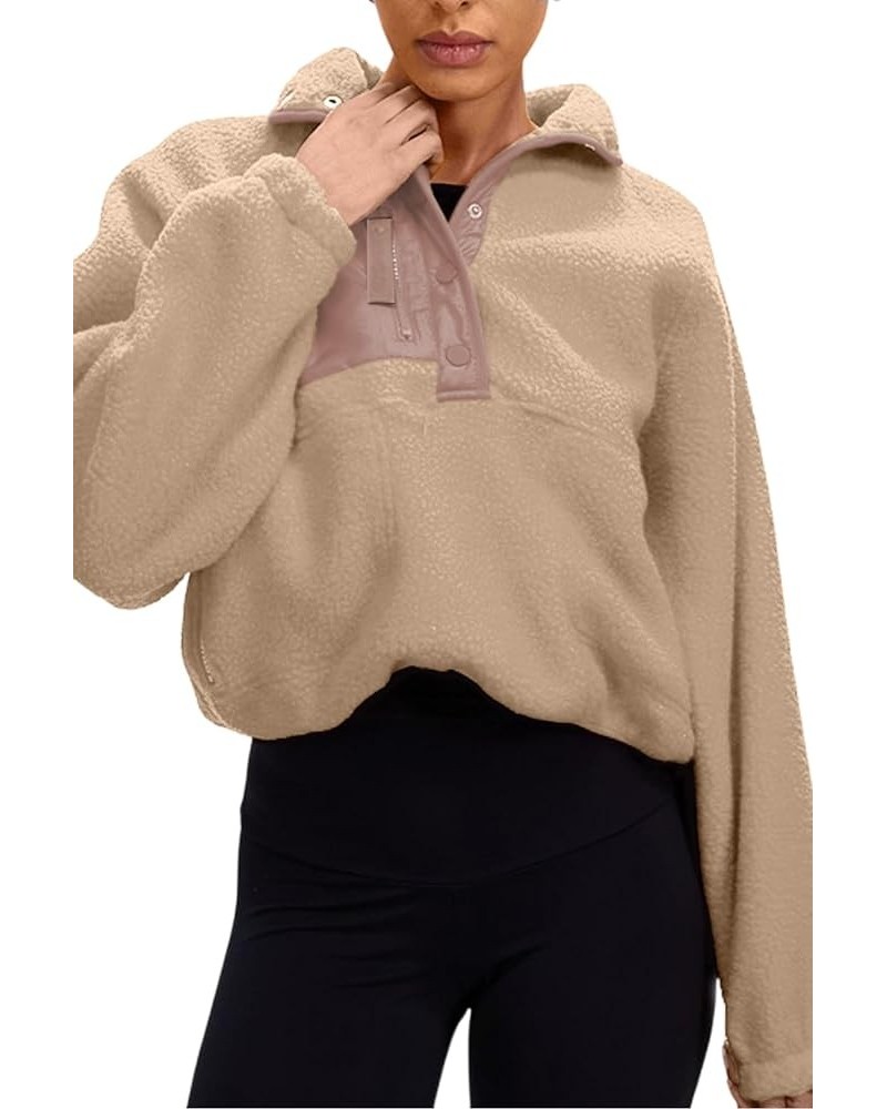 Womens Oversized Jacket Fuzzy Fleece Coat with Pockets Colorblock Tan $27.13 Jackets