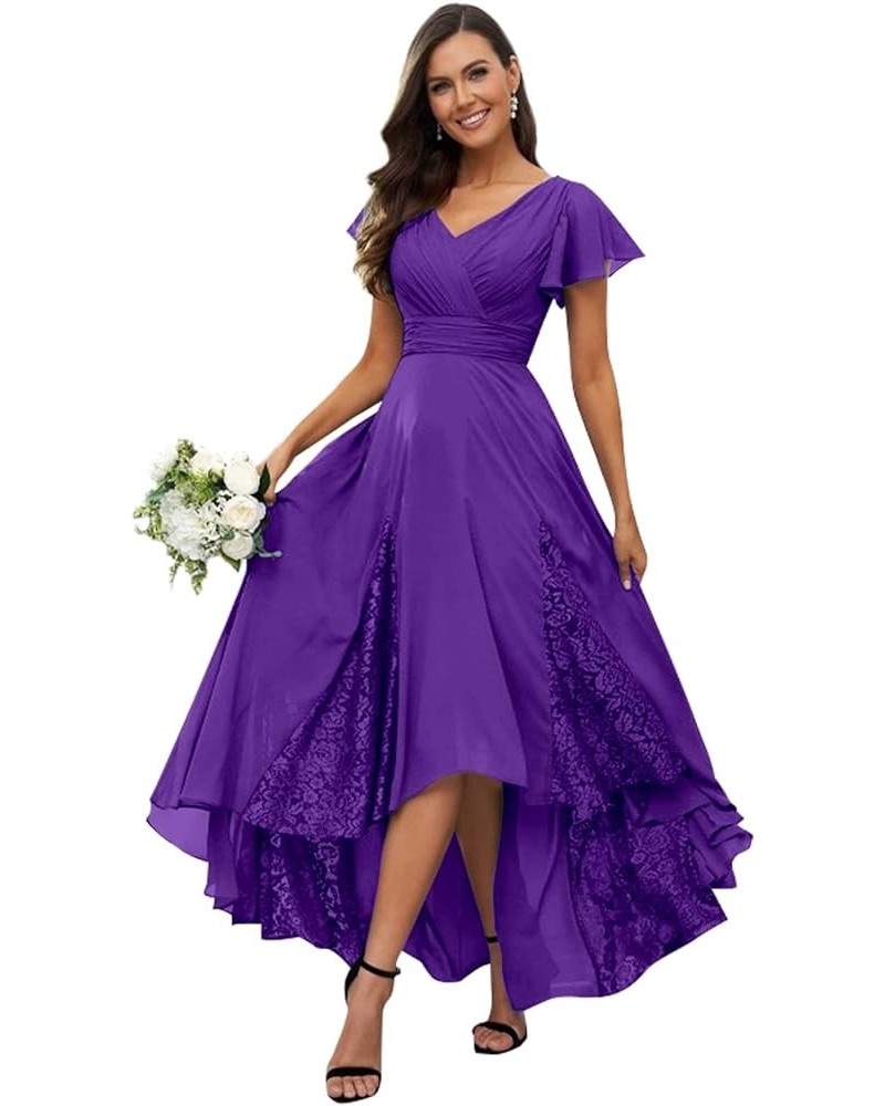 Tea Length Mother of The Bride Dresses with Sleeves Long Chiffon Lace Appliques Bridesmaid Dress Purple $30.00 Dresses